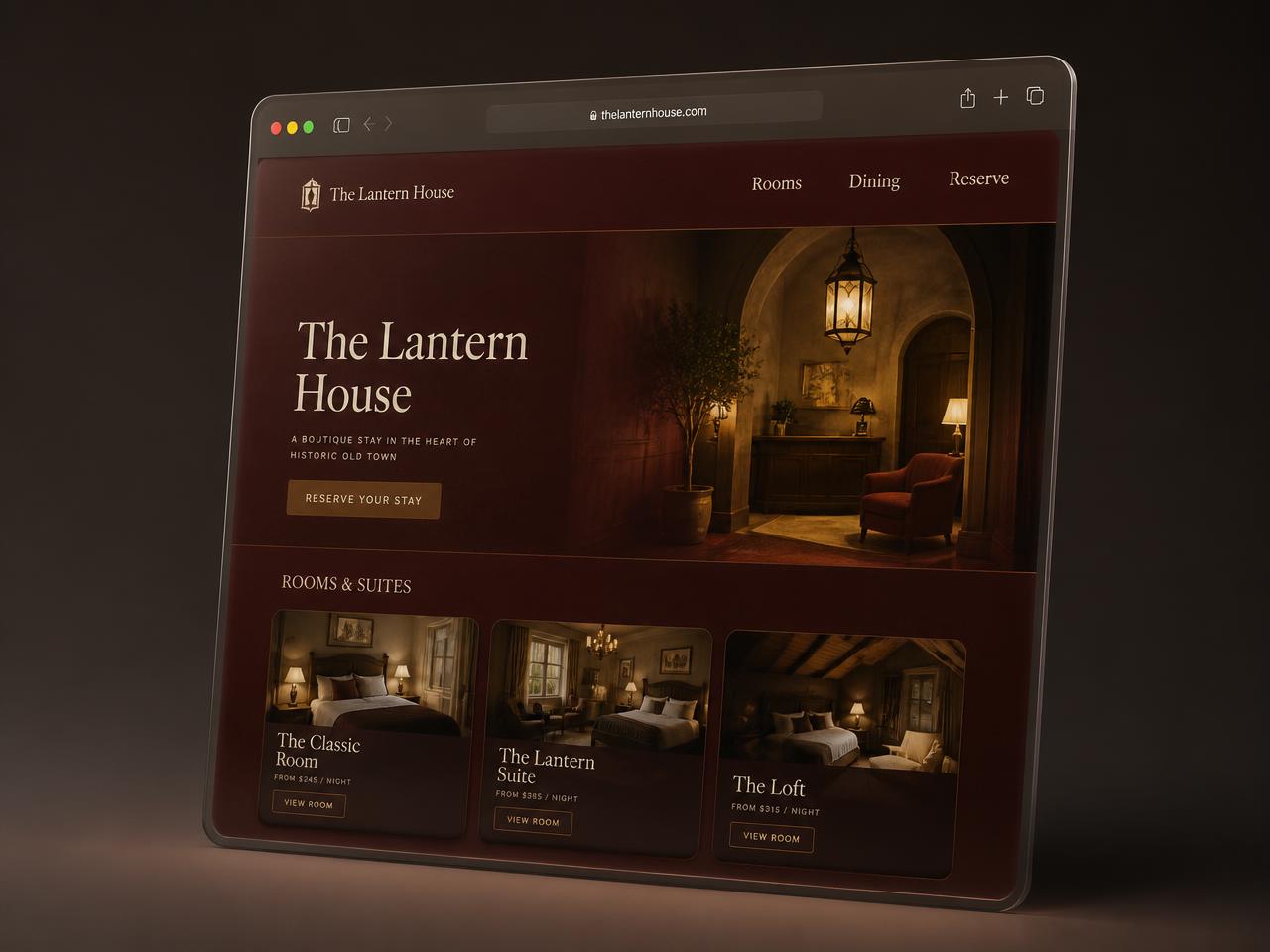 3D render of The Lantern House boutique hotel website with room listings