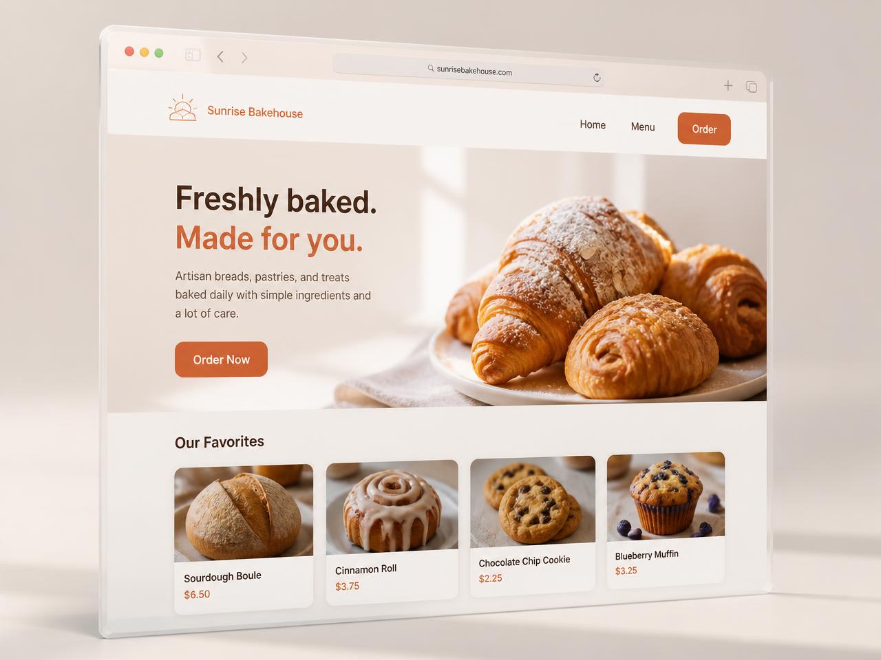 3D render of the Sunrise Bakehouse bakery website shown on a floating desktop screen