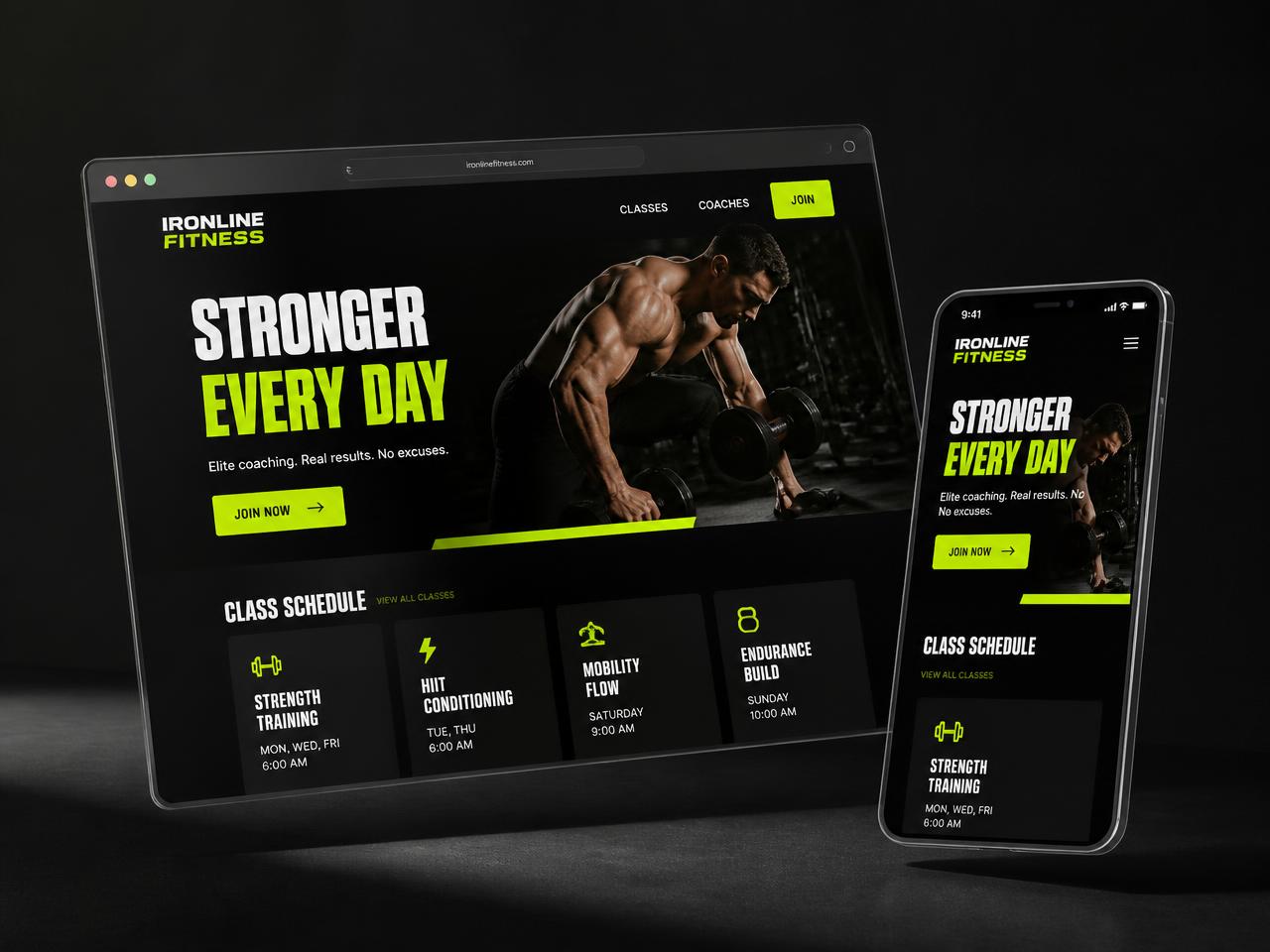 3D render of the Ironline Fitness gym website showing a class schedule on desktop and mobile